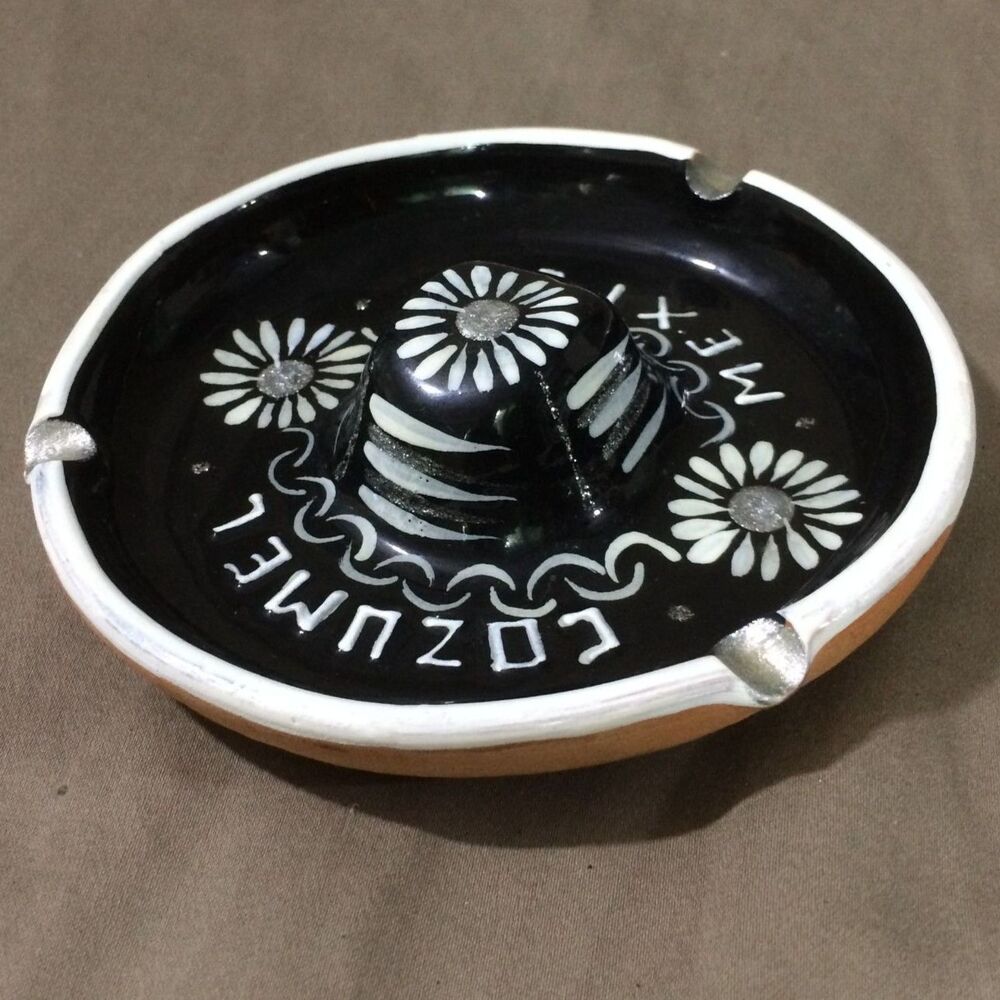 Vintage 70s Cozumel Mexico Sombrero Ashtray Black Clay Terra Cotta Pottery
